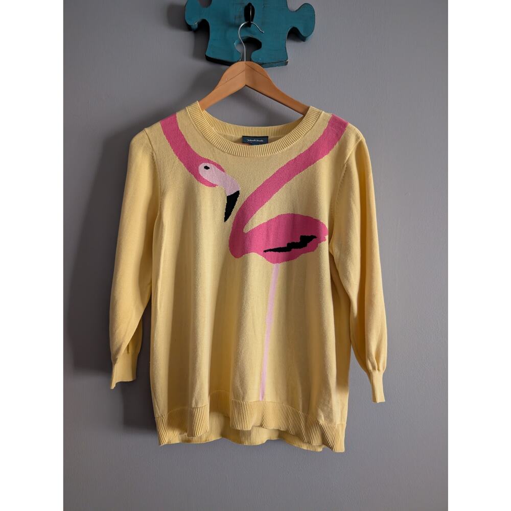ModCloth Yellow Flamingo Knit Sweater XL Retro Whimsical Intarsia 3/4 Sleeve - Picture 3 of 15